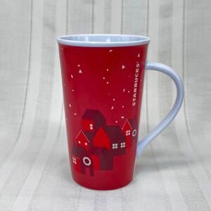 Starbucks‎ Tumbler Mug 12 Oz  Handle 2013 Red Holiday Village Scene Christmas